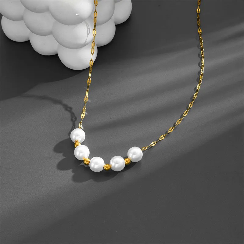 Simple Style Round Titanium Steel Beaded Pearl Plating 18K Gold Plated Necklace_colorza_3