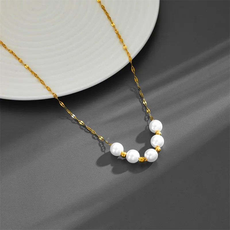 Simple Style Round Titanium Steel Beaded Pearl Plating 18K Gold Plated Necklace_colorza_4
