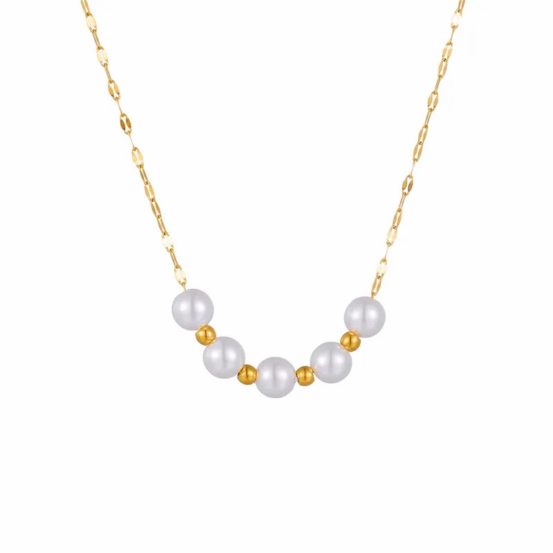 Simple Style Round Titanium Steel Beaded Pearl Plating 18K Gold Plated Necklace_colorza_5