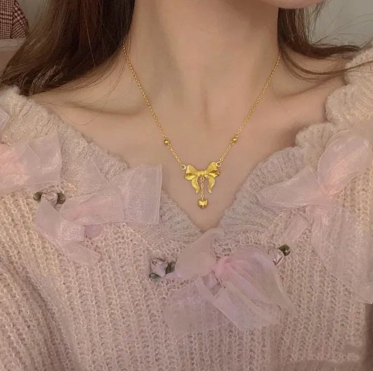 Princess Heart Shape Bow Knot Titanium Steel Plating 18K Gold Plated Pendant Necklace_colorza_1