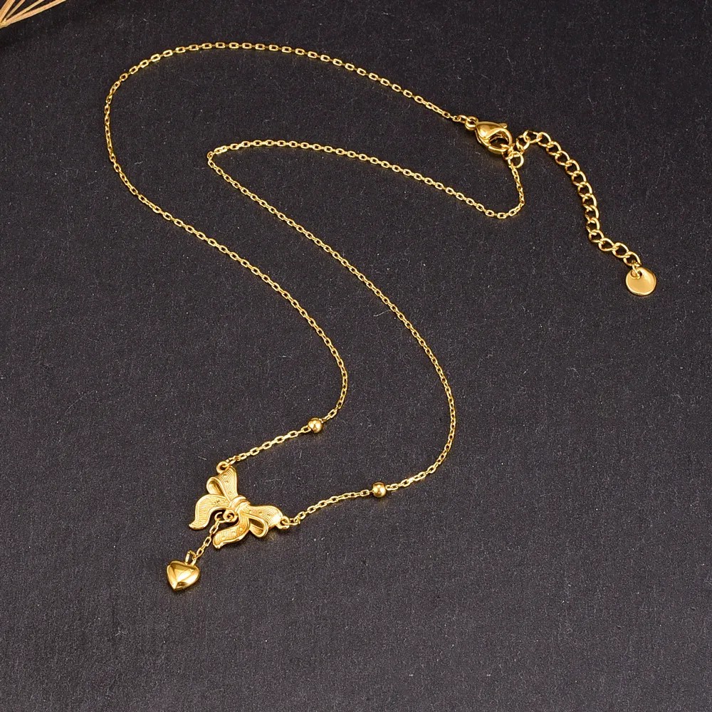 Princess Heart Shape Bow Knot Titanium Steel Plating 18K Gold Plated Pendant Necklace_colorza_2