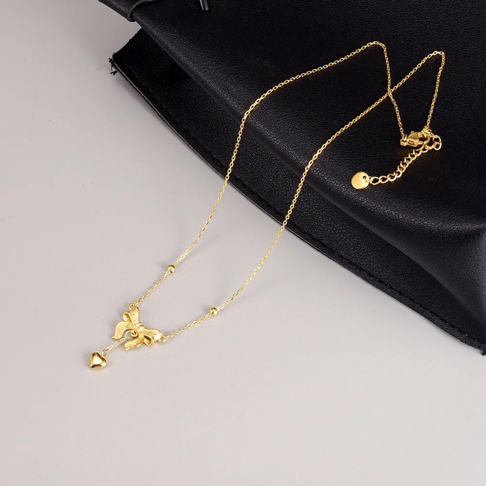 Princess Heart Shape Bow Knot Titanium Steel Plating 18K Gold Plated Pendant Necklace_colorza_3