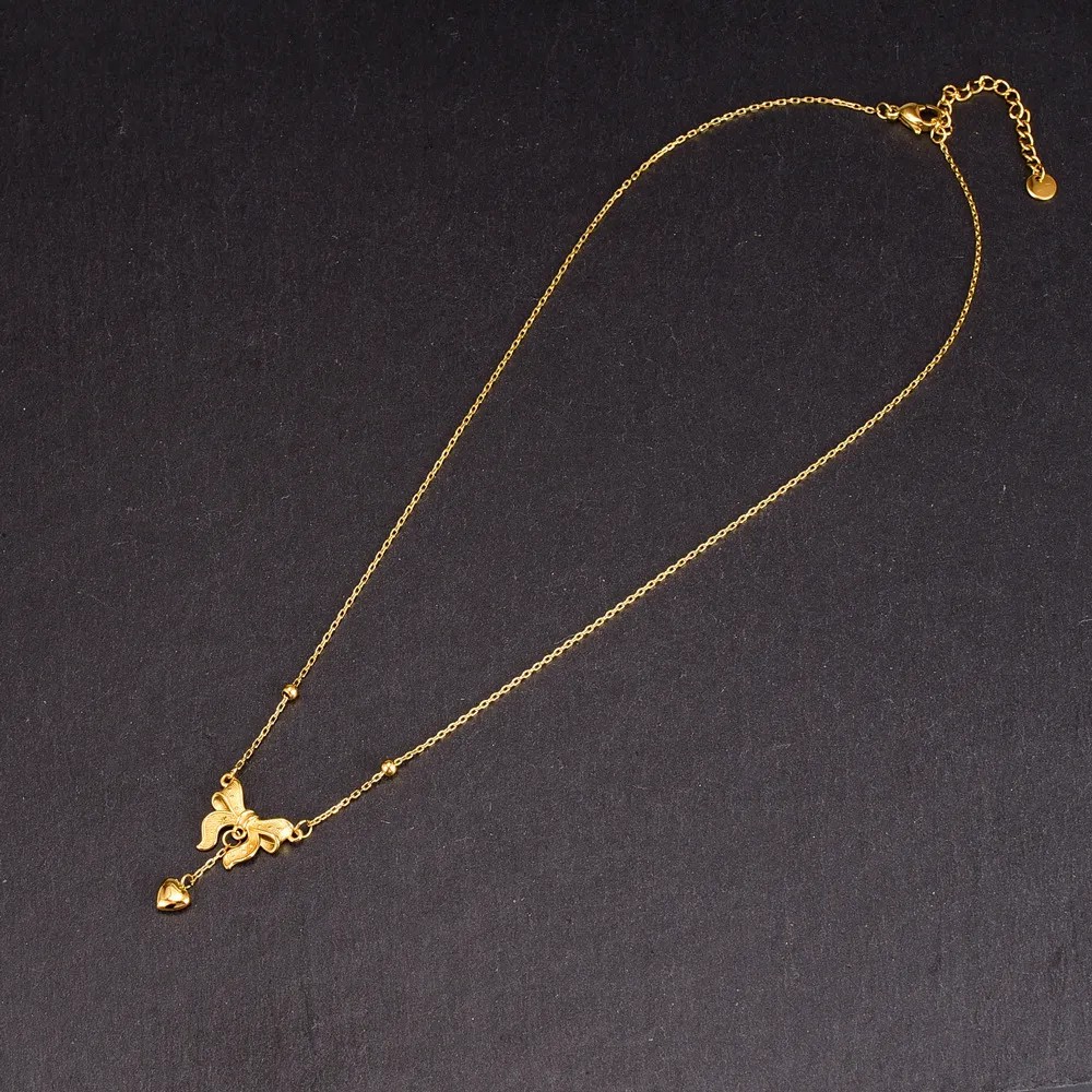 Princess Heart Shape Bow Knot Titanium Steel Plating 18K Gold Plated Pendant Necklace_colorza_5
