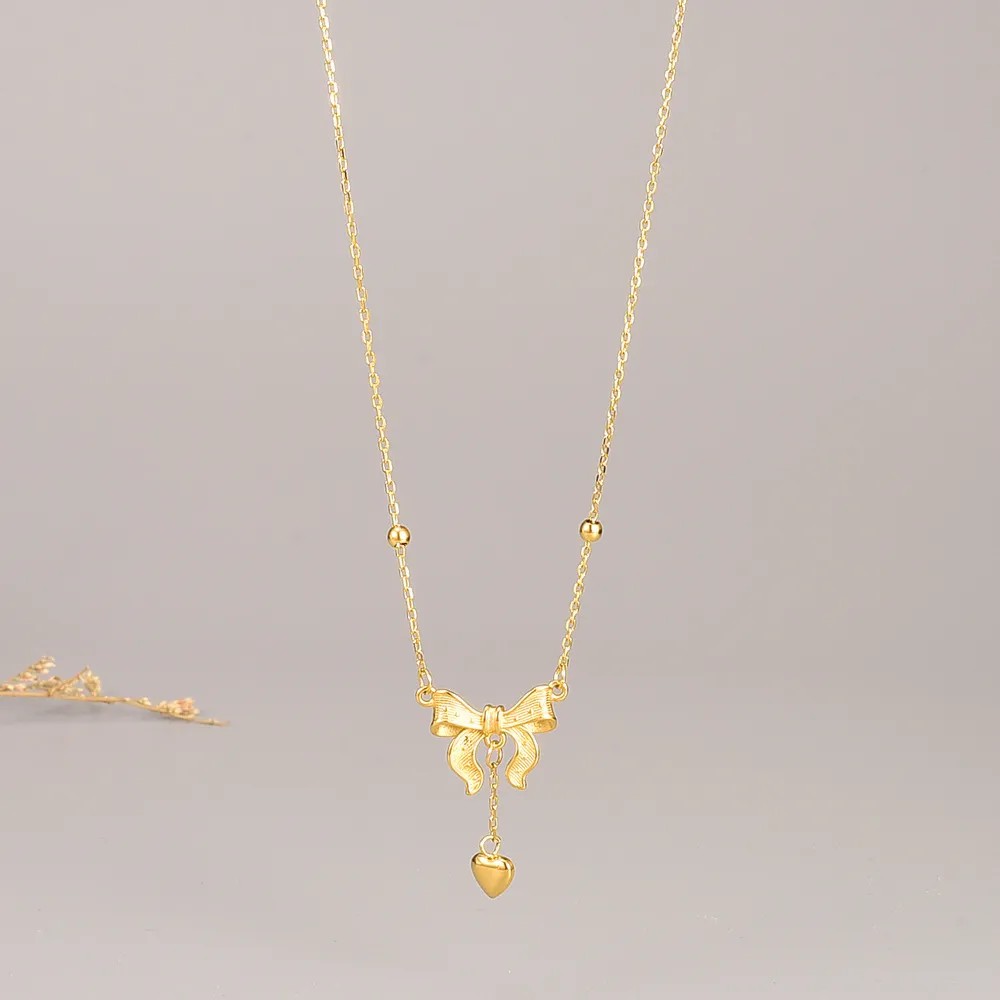 Princess Heart Shape Bow Knot Titanium Steel Plating 18K Gold Plated Pendant Necklace_colorza_6