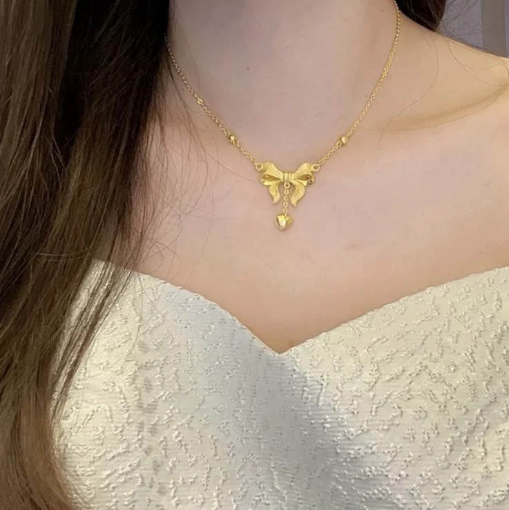 Princess Heart Shape Bow Knot Titanium Steel Plating 18K Gold Plated Pendant Necklace_colorza_7