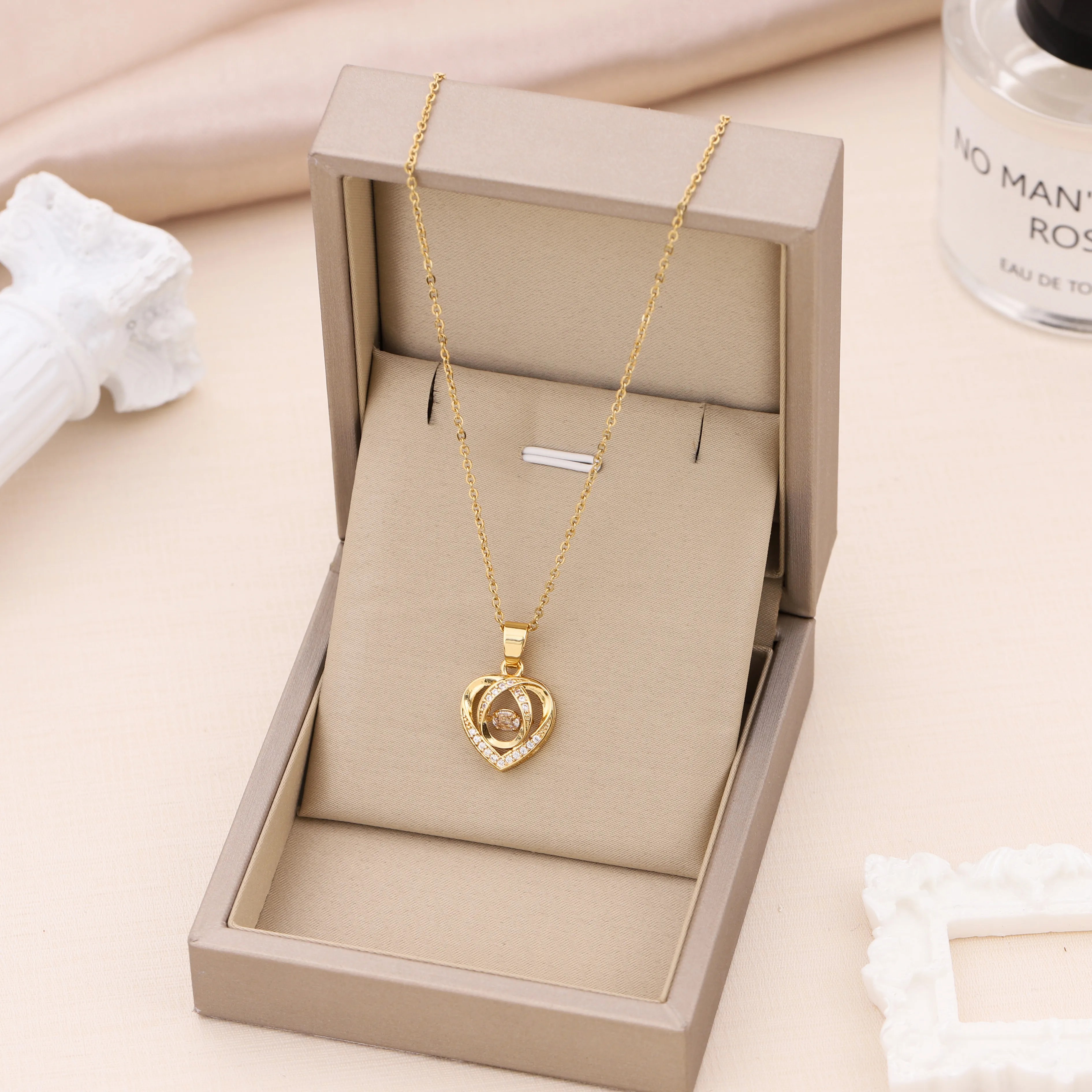 Simple Style Heart Shape Titanium Steel Inlay Zircon Pendant Necklace_colorza_3