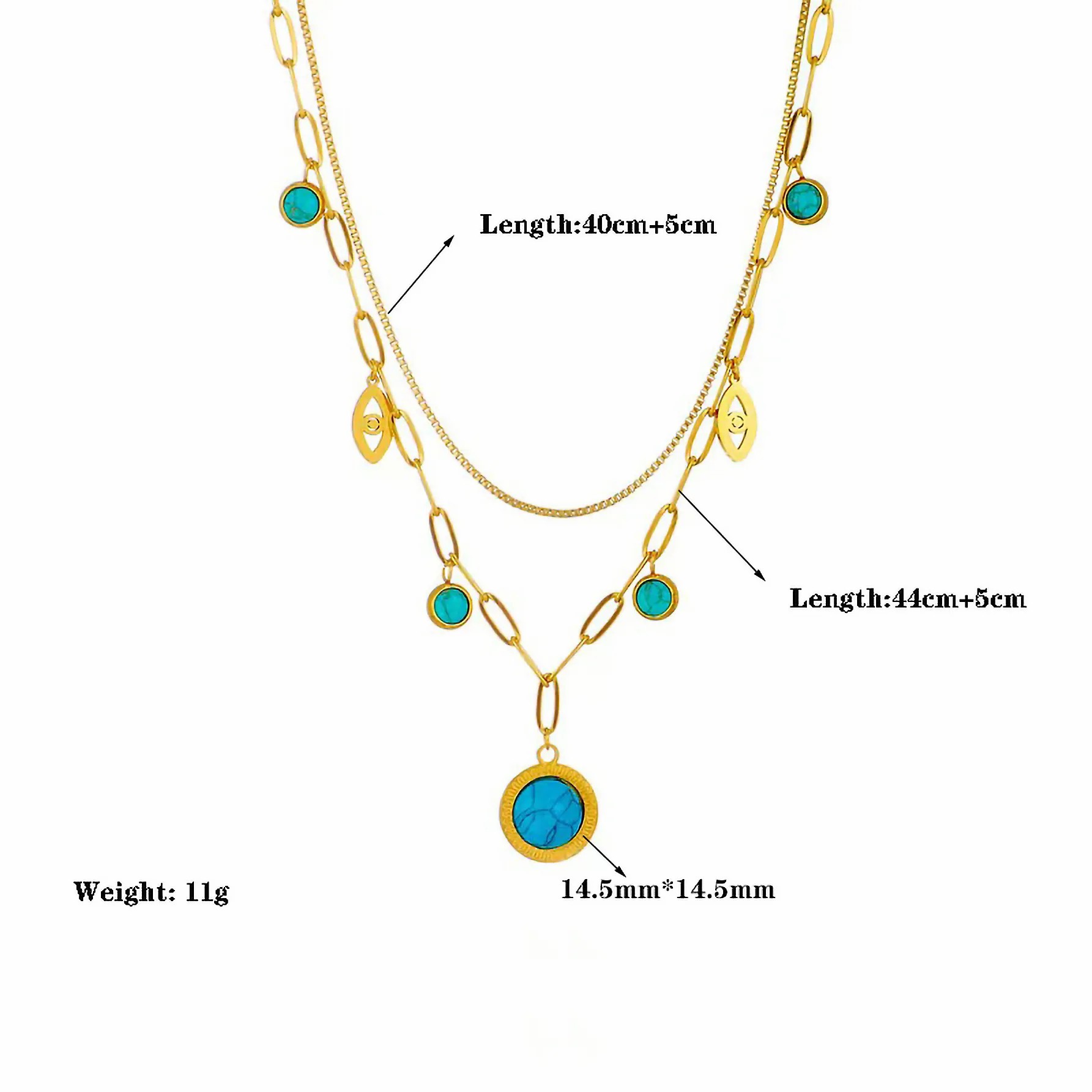 Hip-Hop Commute Circle Devil'S Eye Titanium Steel Plating Inlay Turquoise 18K Gold Plated Layered Necklaces_colorza_1
