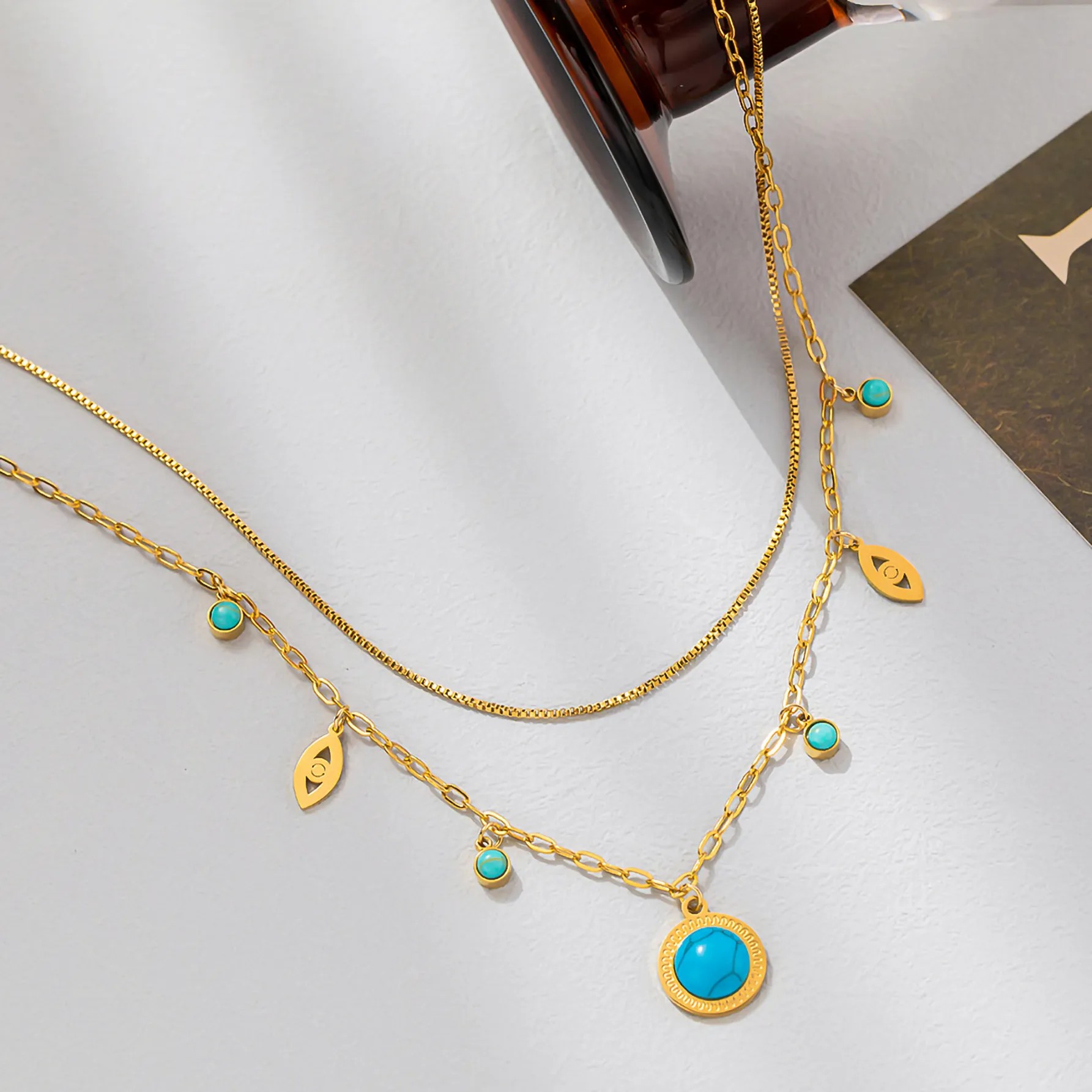 Hip-Hop Commute Circle Devil'S Eye Titanium Steel Plating Inlay Turquoise 18K Gold Plated Layered Necklaces_colorza_2