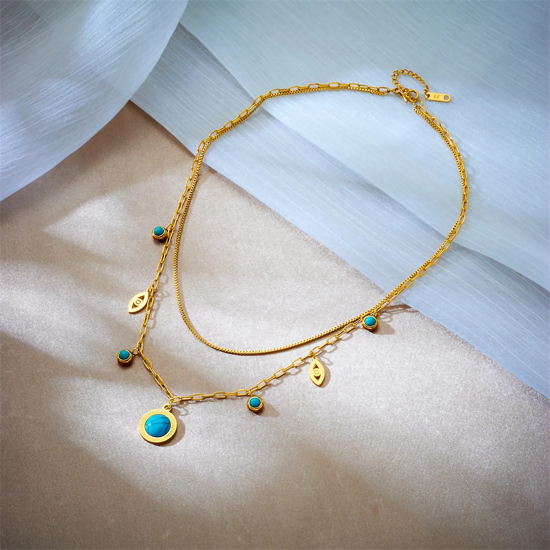 Hip-Hop Commute Circle Devil'S Eye Titanium Steel Plating Inlay Turquoise 18K Gold Plated Layered Necklaces_colorza_3
