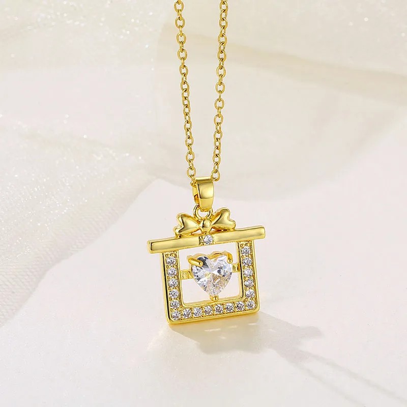 Simple Style Gift Box Stainless Steel Plating Inlay Rhinestones 18K Gold Plated Gold Plated Pendant Necklace_colorza_3