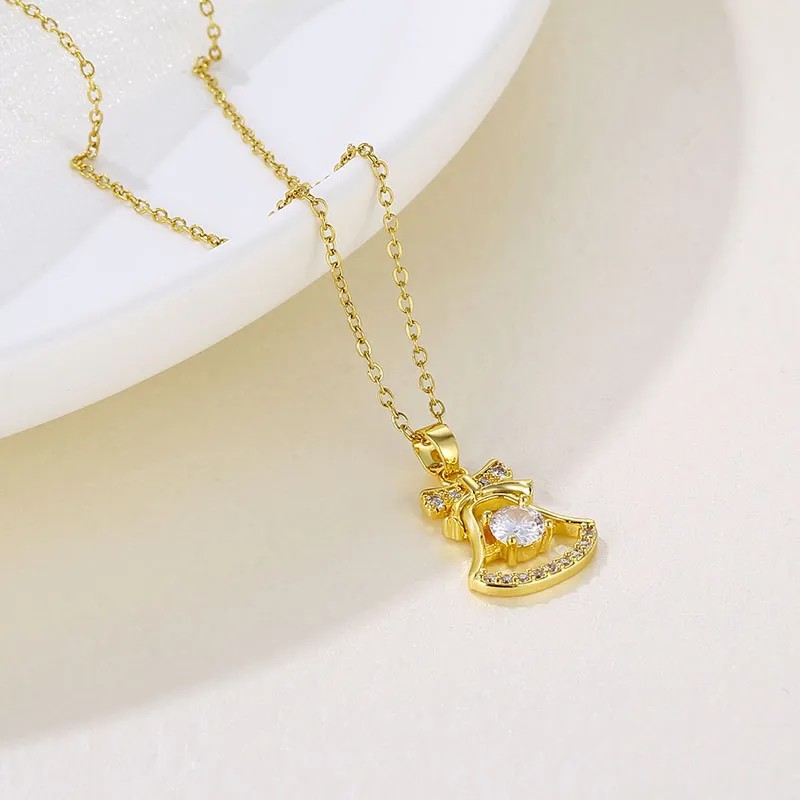IG Style Bell Stainless Steel Inlay Zircon Gold Plated Necklace_colorza_4