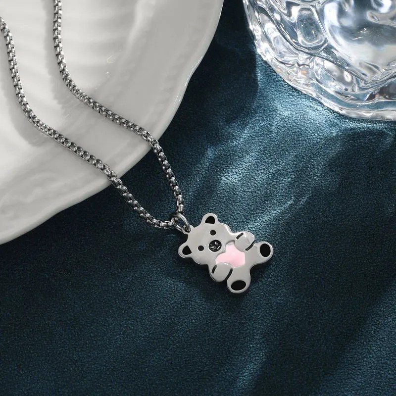 Cute Simple Style Little Bear Heart Shape Stainless Steel Enamel Plating White Gold Plated Platinum Plated Pendant Necklace_colorza_1
