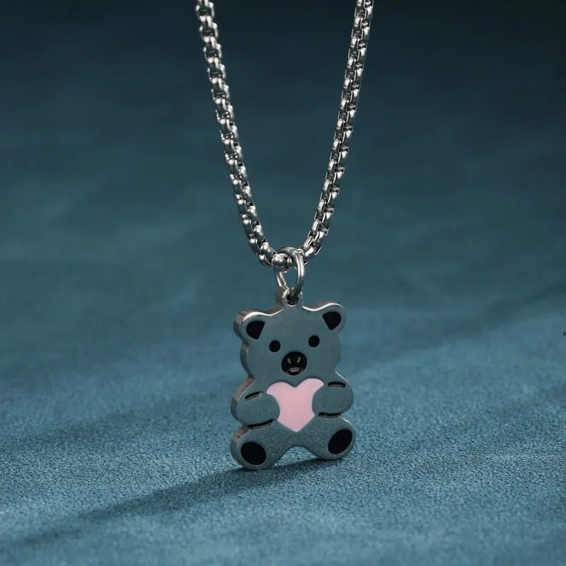 Cute Simple Style Little Bear Heart Shape Stainless Steel Enamel Plating White Gold Plated Platinum Plated Pendant Necklace_colorza_3