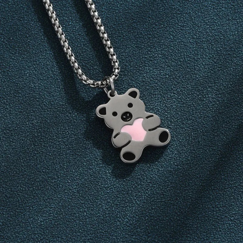 Cute Simple Style Little Bear Heart Shape Stainless Steel Enamel Plating White Gold Plated Platinum Plated Pendant Necklace_colorza_4