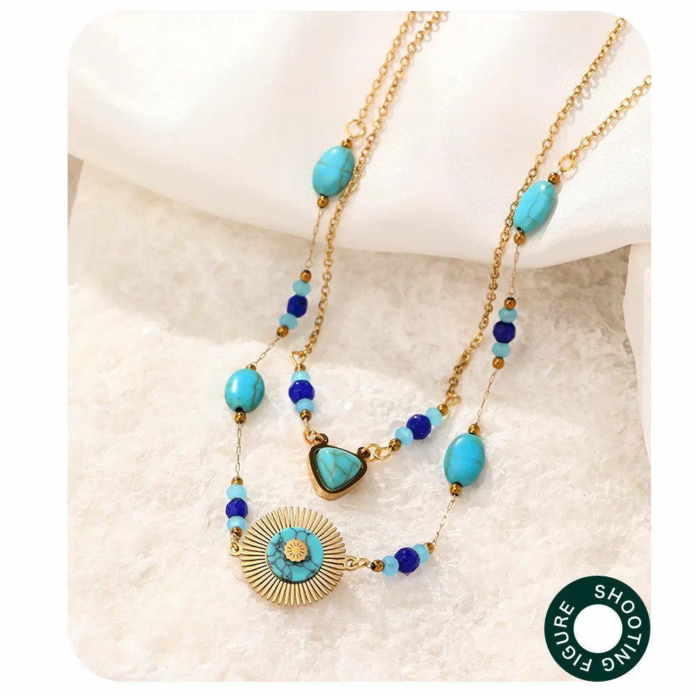 Retro Ethnic Style Triangle Round Stainless Steel Beaded Plating Inlay Natural Stone Layered Necklaces_colorza_5