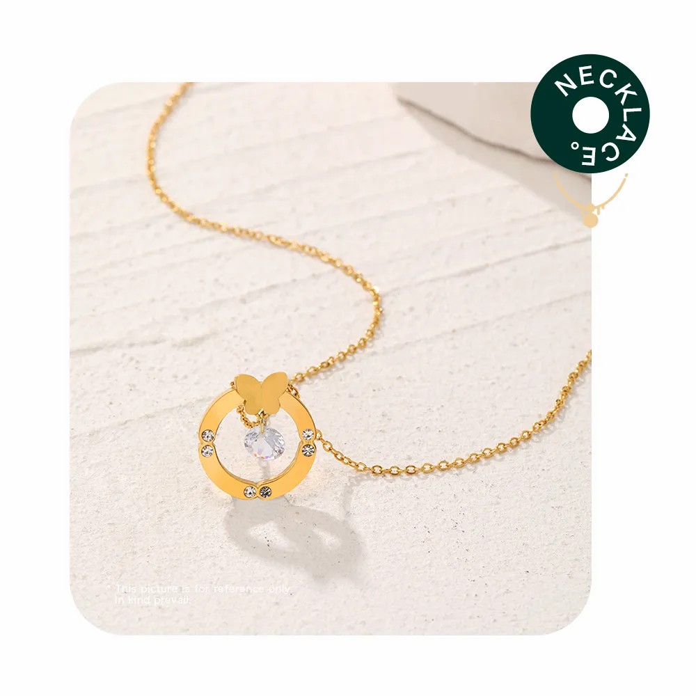 Sweet Round Butterfly Stainless Steel Inlay Rhinestones Necklace_colorza_1