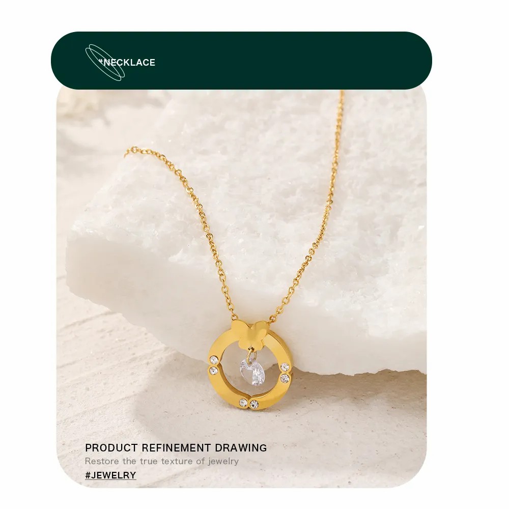Sweet Round Butterfly Stainless Steel Inlay Rhinestones Necklace_colorza_2
