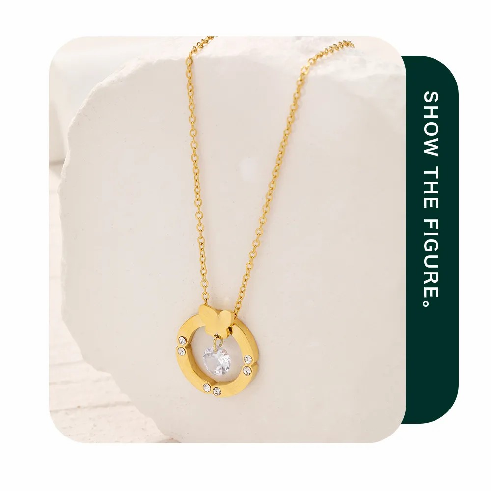 Sweet Round Butterfly Stainless Steel Inlay Rhinestones Necklace_colorza_3