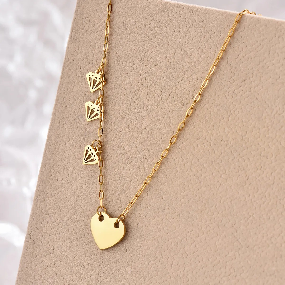 Korean Style Heart Shape Diamonds Stainless Steel Polishing Plating 14K Gold Plated Necklace_colorza_1