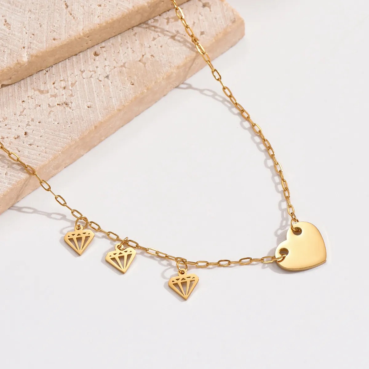 Korean Style Heart Shape Diamonds Stainless Steel Polishing Plating 14K Gold Plated Necklace_colorza_2