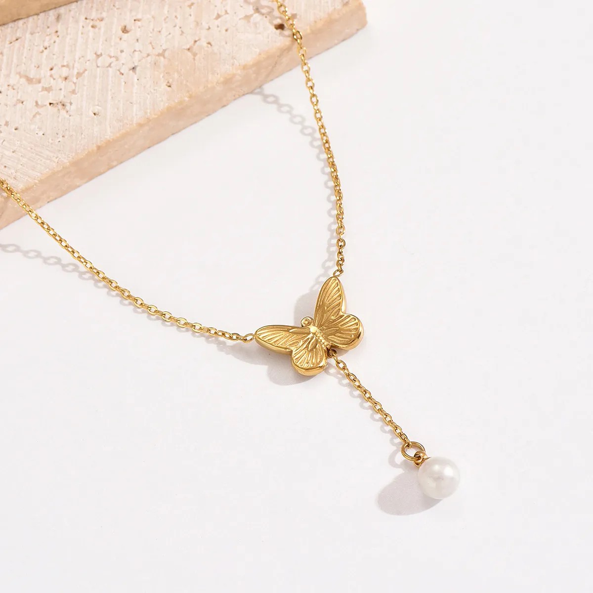 Elegant Simple Style Butterfly Stainless Steel Plating Inlay Artificial Pearls 14K Gold Plated Necklace_colorza_2