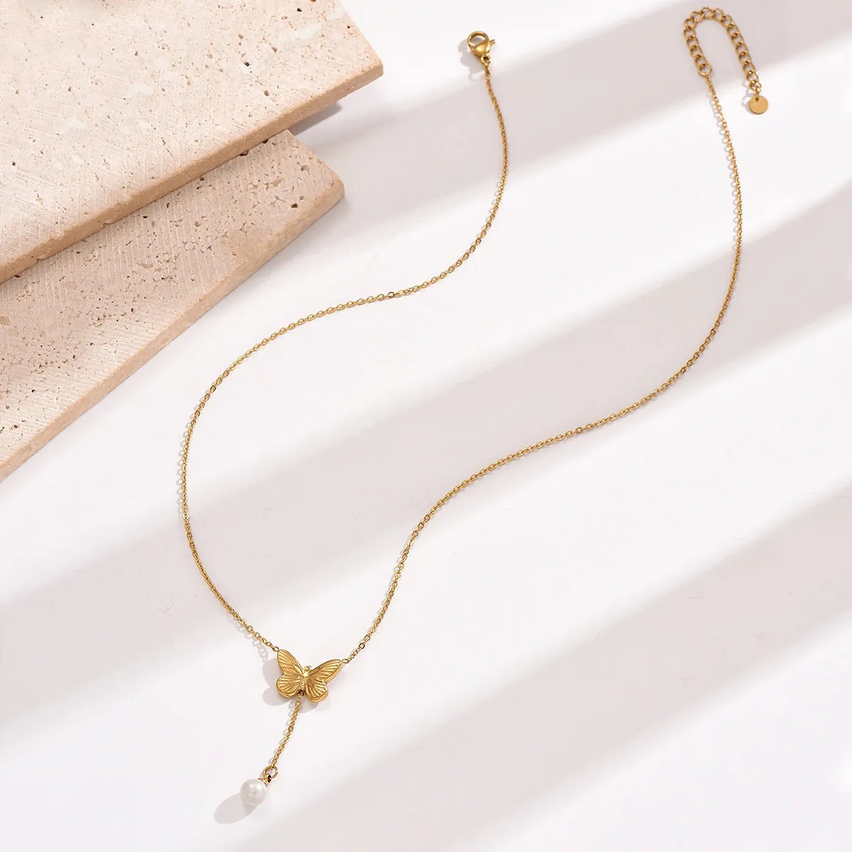 Elegant Simple Style Butterfly Stainless Steel Plating Inlay Artificial Pearls 14K Gold Plated Necklace_colorza_3