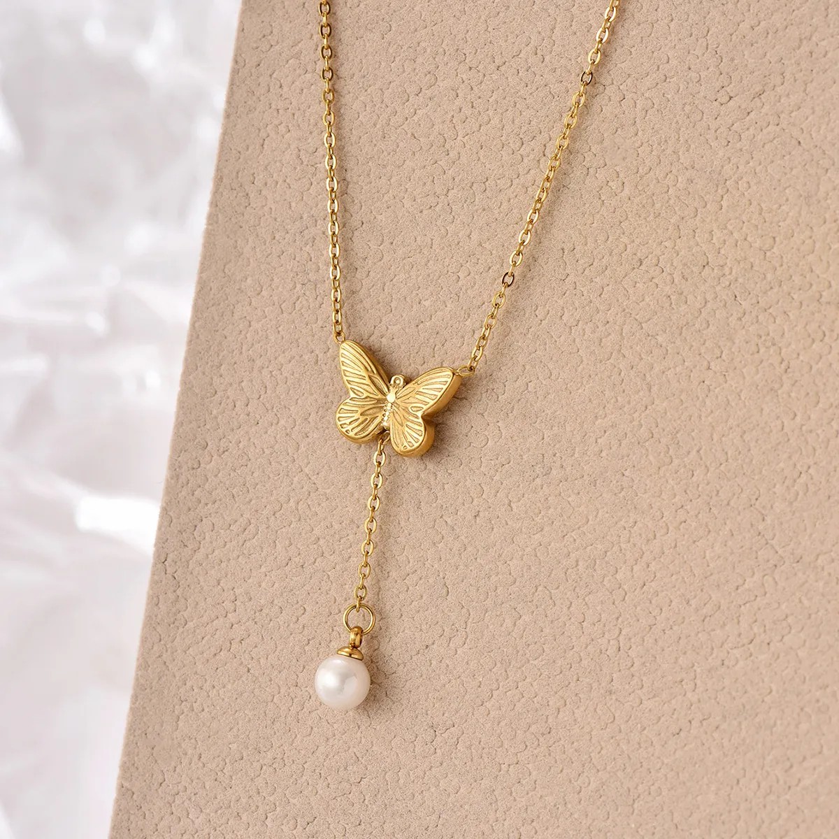 Elegant Simple Style Butterfly Stainless Steel Plating Inlay Artificial Pearls 14K Gold Plated Necklace_colorza_4