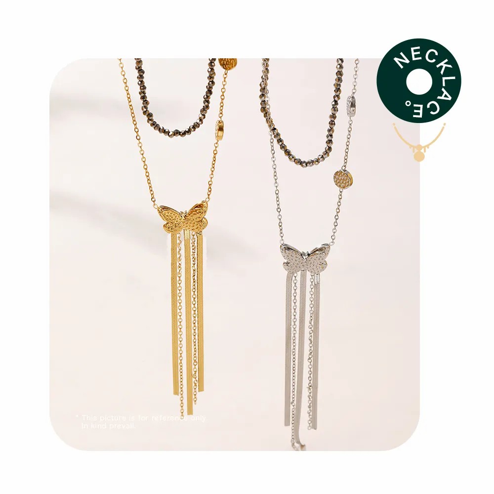 Sweet Simple Style Butterfly Stainless Steel Beaded Tassel Plating Layered Necklaces_colorza_1