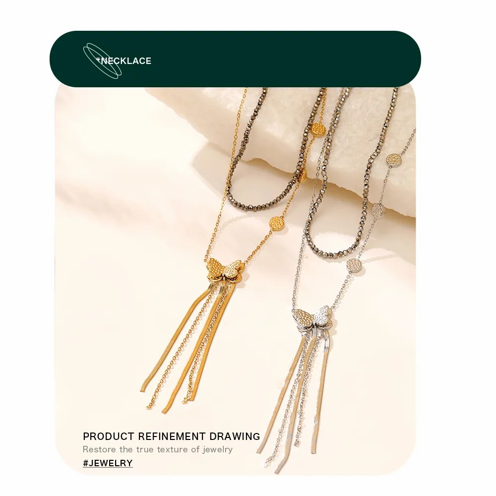 Sweet Simple Style Butterfly Stainless Steel Beaded Tassel Plating Layered Necklaces_colorza_2