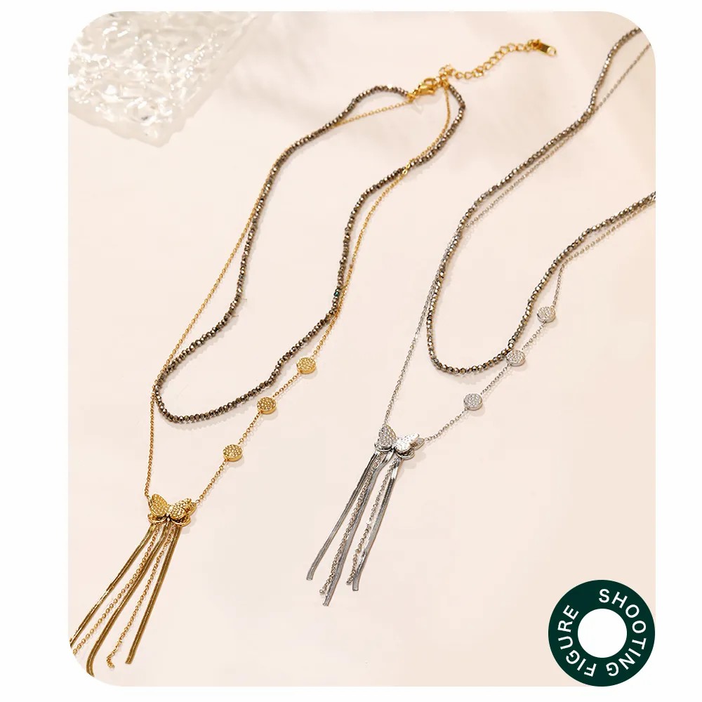 Sweet Simple Style Butterfly Stainless Steel Beaded Tassel Plating Layered Necklaces_colorza_5