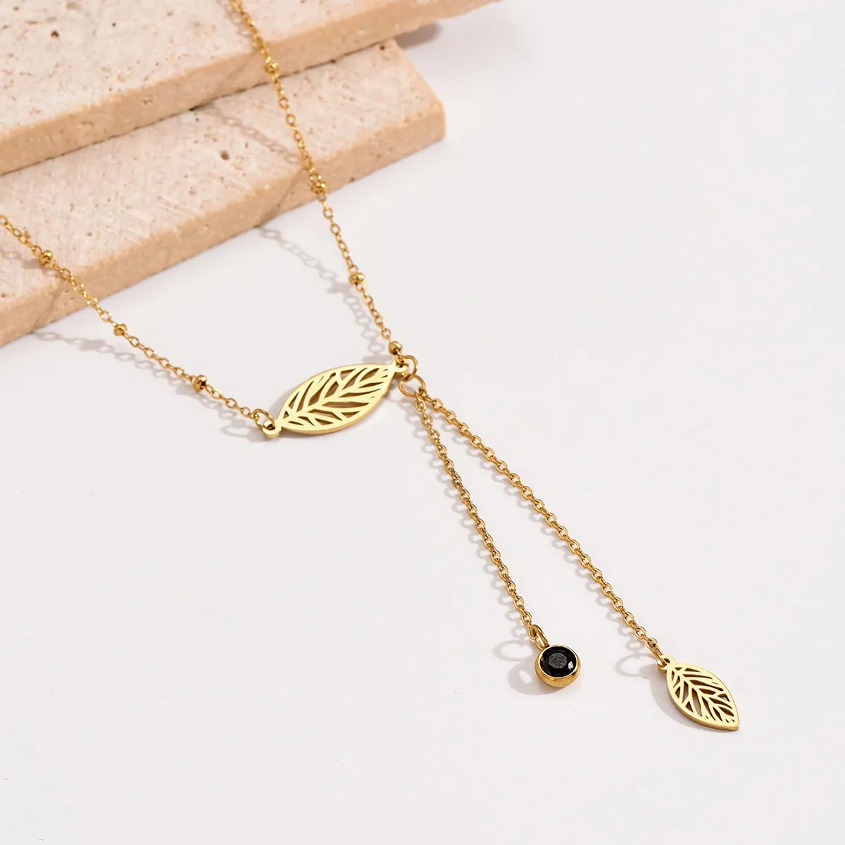 Pastoral Simple Style Leaves Stainless Steel Polishing Plating Inlay Rhinestones 14K Gold Plated Necklace_colorza_1