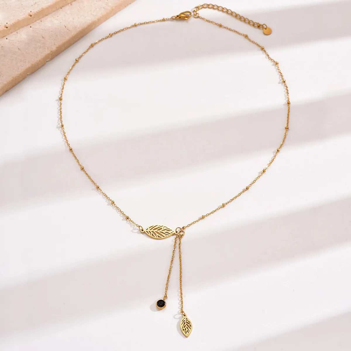 Pastoral Simple Style Leaves Stainless Steel Polishing Plating Inlay Rhinestones 14K Gold Plated Necklace_colorza_3