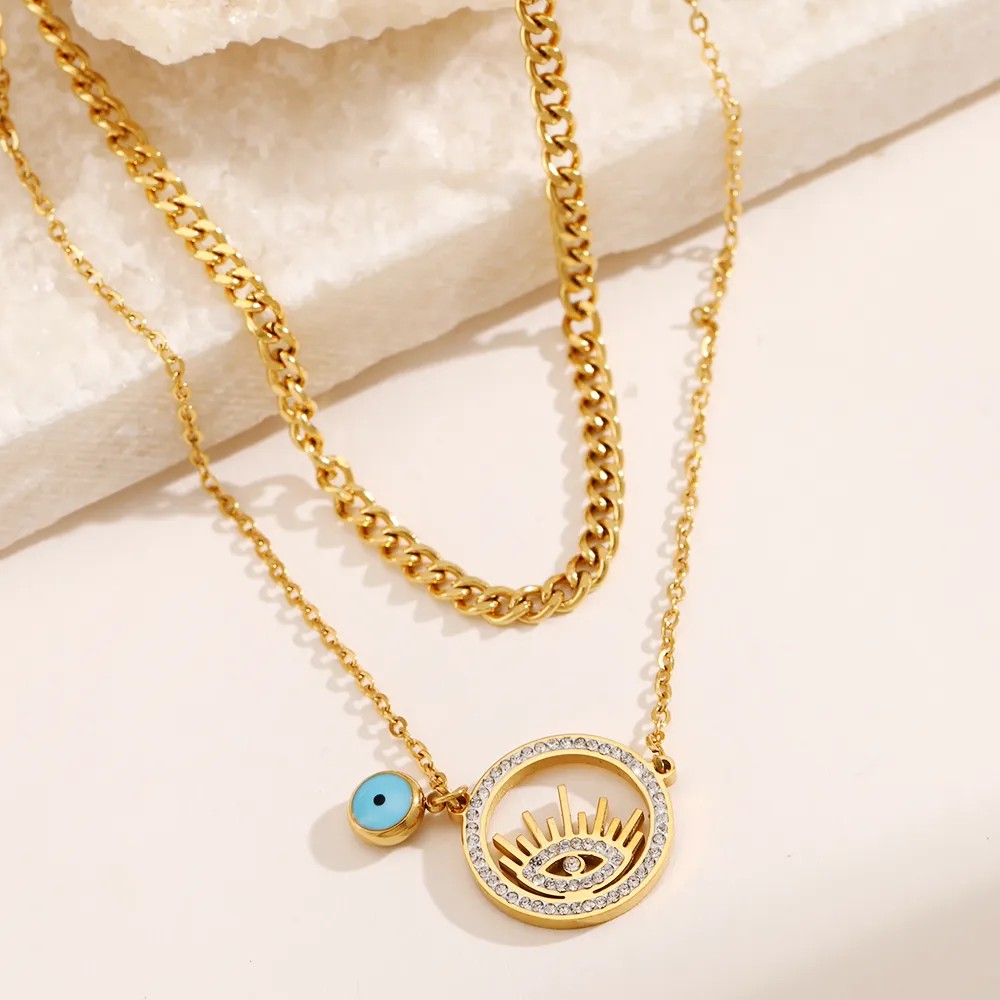 Glam Devil'S Eye Stainless Steel Hollow Out Inlay Artificial Diamond 18K Gold Plated Layered Necklaces_colorza_2