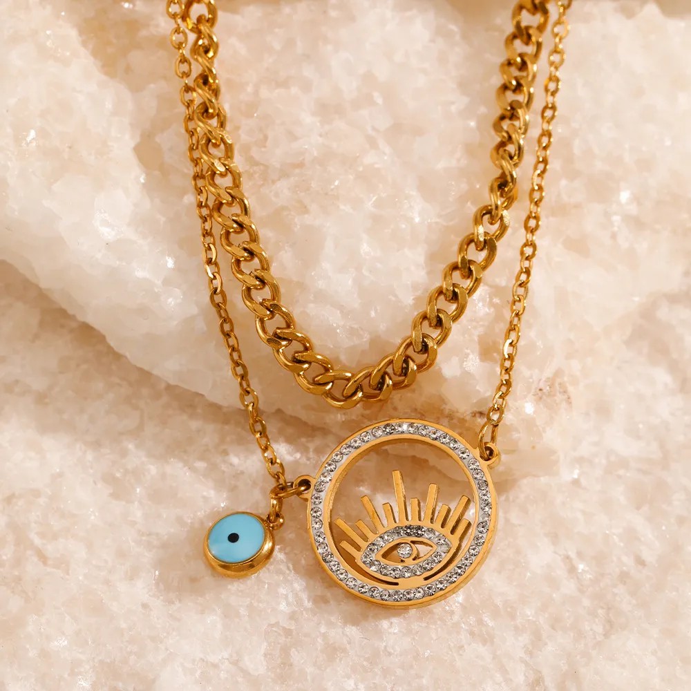 Glam Devil'S Eye Stainless Steel Hollow Out Inlay Artificial Diamond 18K Gold Plated Layered Necklaces_colorza_3