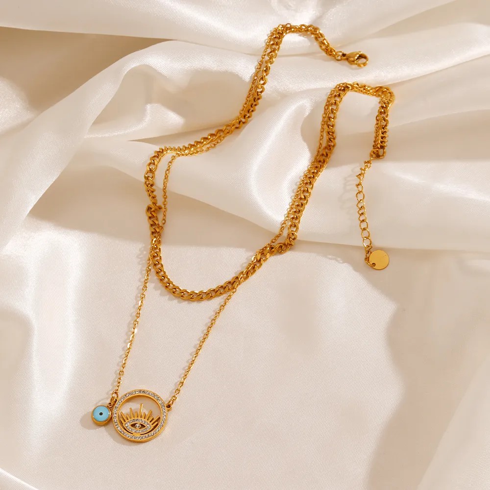 Glam Devil'S Eye Stainless Steel Hollow Out Inlay Artificial Diamond 18K Gold Plated Layered Necklaces_colorza_4