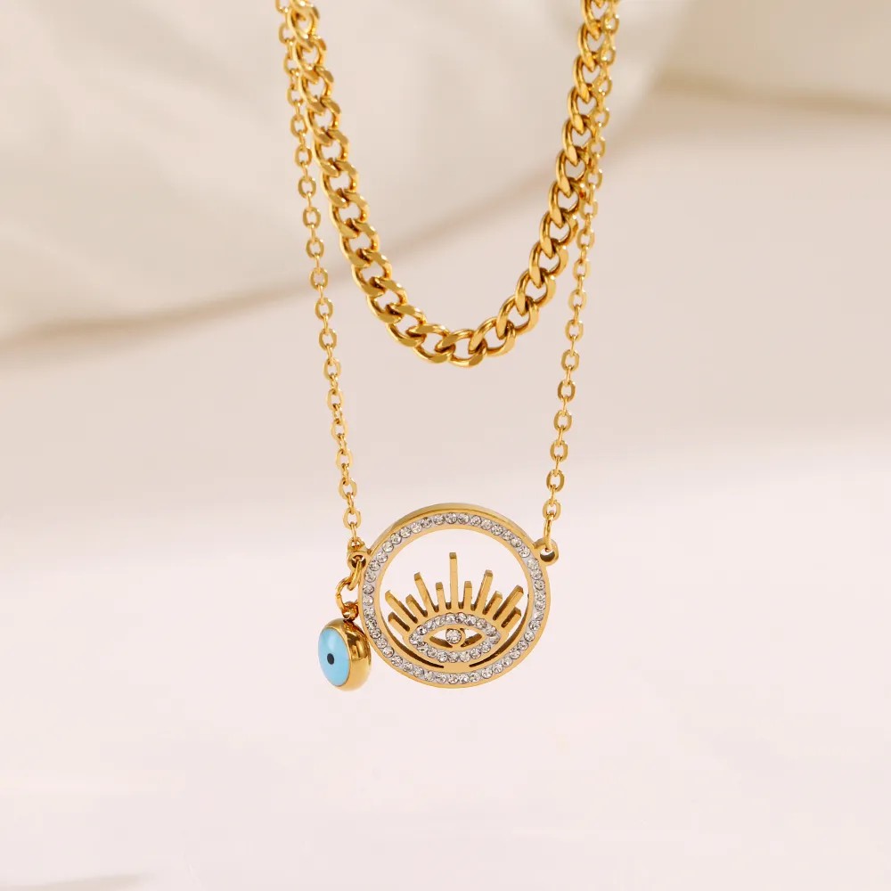 Glam Devil'S Eye Stainless Steel Hollow Out Inlay Artificial Diamond 18K Gold Plated Layered Necklaces_colorza_6