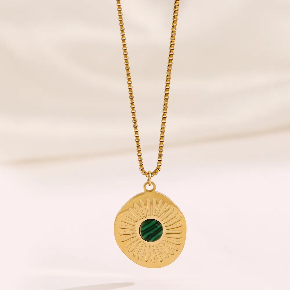 Casual Simple Style Round Stainless Steel Plating Inlay Turquoise 18K Gold Plated Pendant Necklace_colorza_3