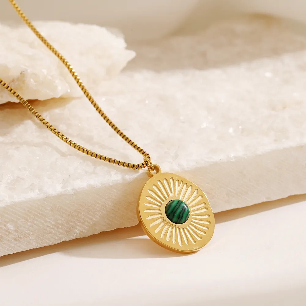 Casual Simple Style Round Stainless Steel Plating Inlay Turquoise 18K Gold Plated Pendant Necklace_colorza_4