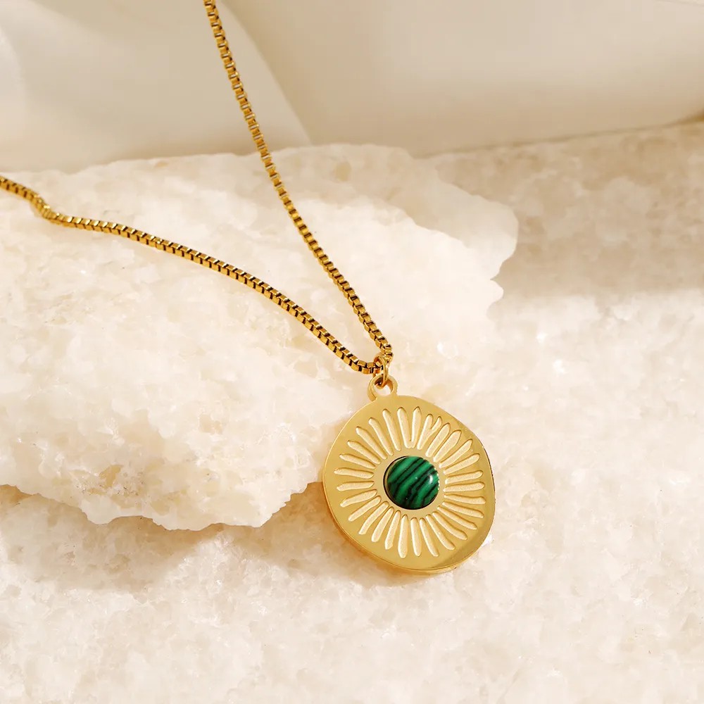 Casual Simple Style Round Stainless Steel Plating Inlay Turquoise 18K Gold Plated Pendant Necklace_colorza_5