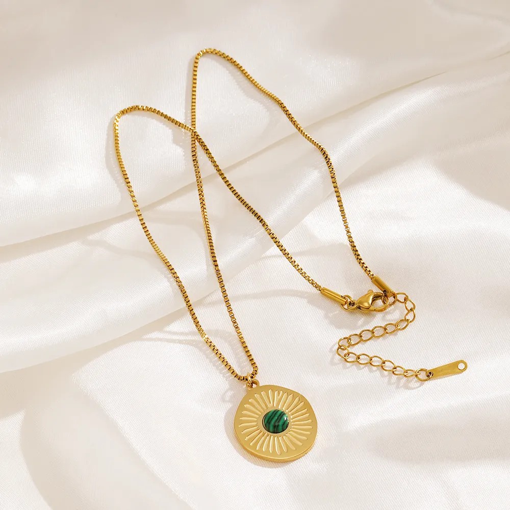 Casual Simple Style Round Stainless Steel Plating Inlay Turquoise 18K Gold Plated Pendant Necklace_colorza_6