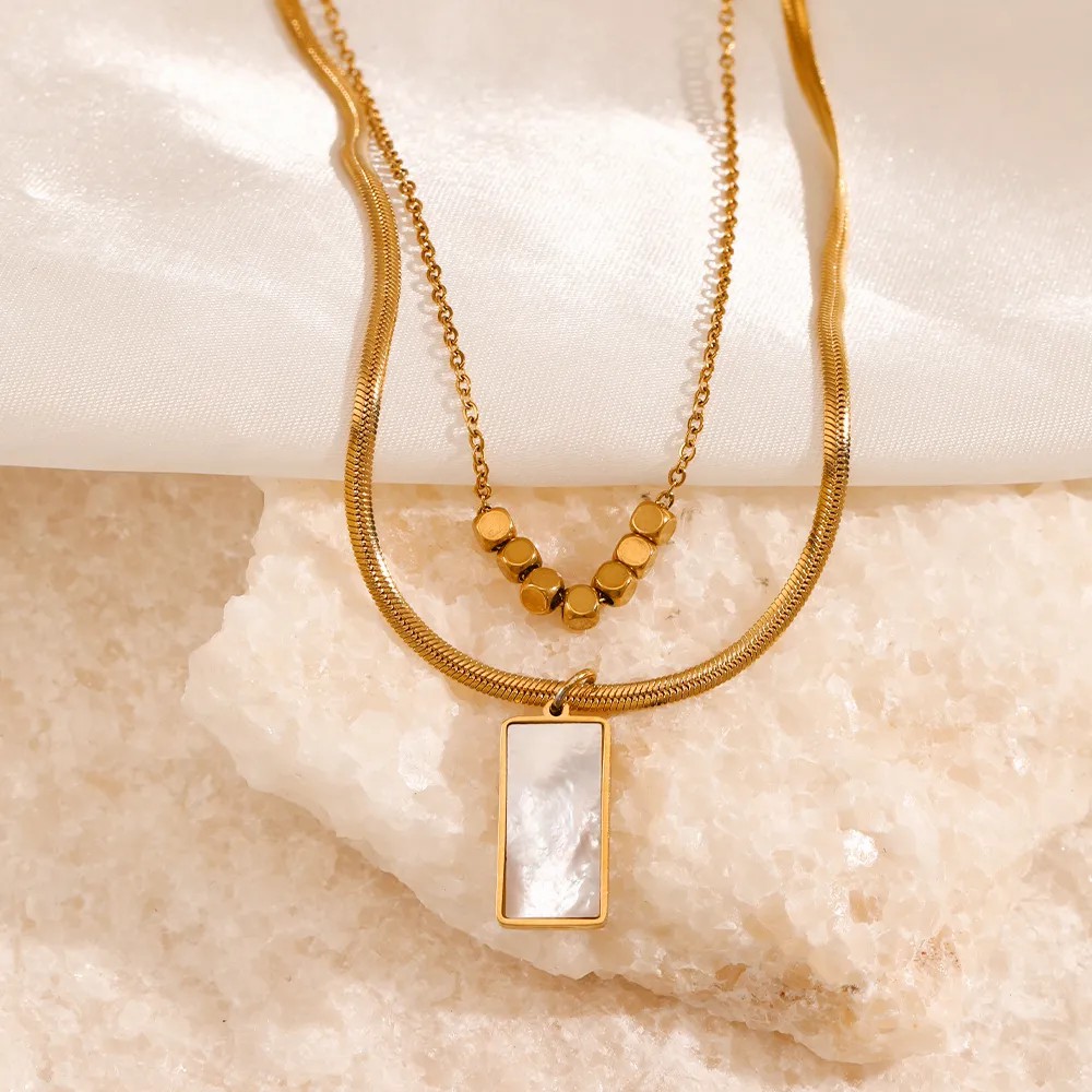 Casual Cool Style Rectangle Stainless Steel Plating Inlay Shell 18K Gold Plated Layered Necklaces_colorza_5