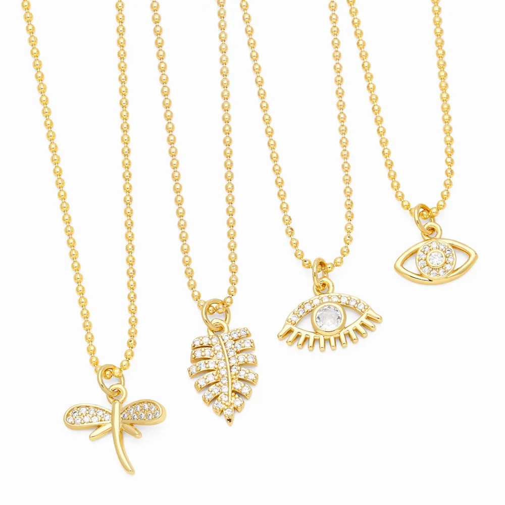 Artistic Devil'S Eye Leaves Dragonfly Stainless Steel Copper Plating Inlay Zircon 18K Gold Plated Pendant Necklace_colorza_2