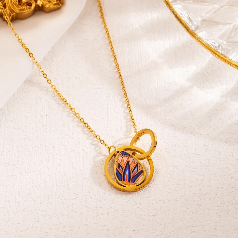 INS Style Artistic Moon Heart Shape Flower Stainless Steel Enamel Plating Inlay Zircon 18K Gold Plated Pendant Necklace_colorza_2