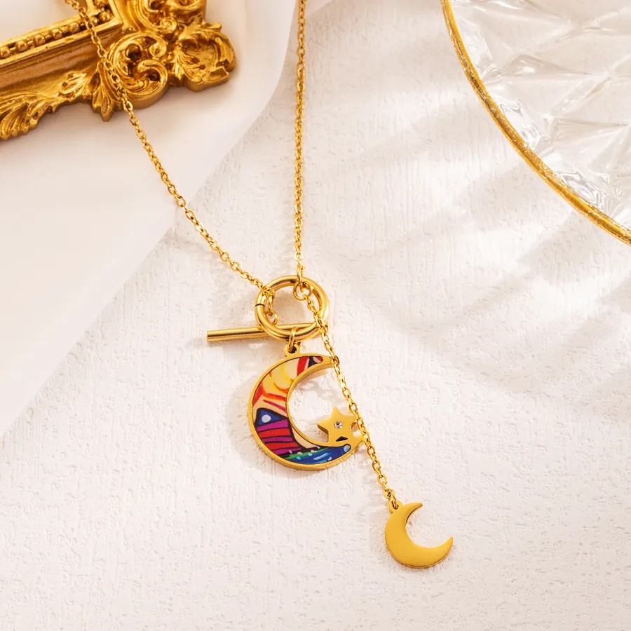 Moon Stainless Steel Enamel Plating Inlay Zircon 18K Gold Plated Pendant Necklace
