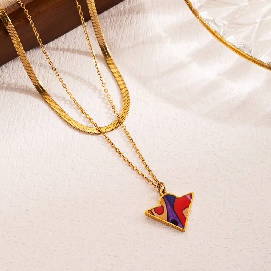 INS Style Artistic Heart Shape Flower Butterfly Stainless Steel Enamel Plating 18K Gold Plated Layered Necklaces_colorza_1