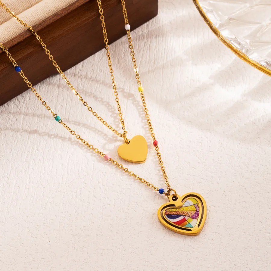 INS Style Artistic Heart Shape Flower Butterfly Stainless Steel Enamel Plating 18K Gold Plated Layered Necklaces_colorza_2