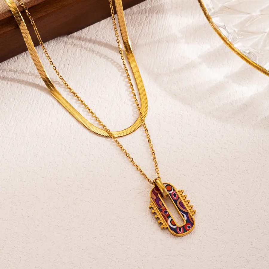 INS Style Artistic Heart Shape Flower Butterfly Stainless Steel Enamel Plating 18K Gold Plated Layered Necklaces_colorza_3