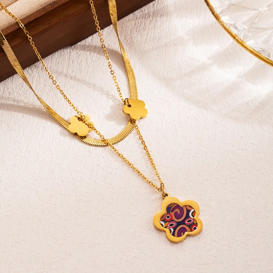 INS Style Artistic Heart Shape Flower Butterfly Stainless Steel Enamel Plating 18K Gold Plated Layered Necklaces_colorza_4