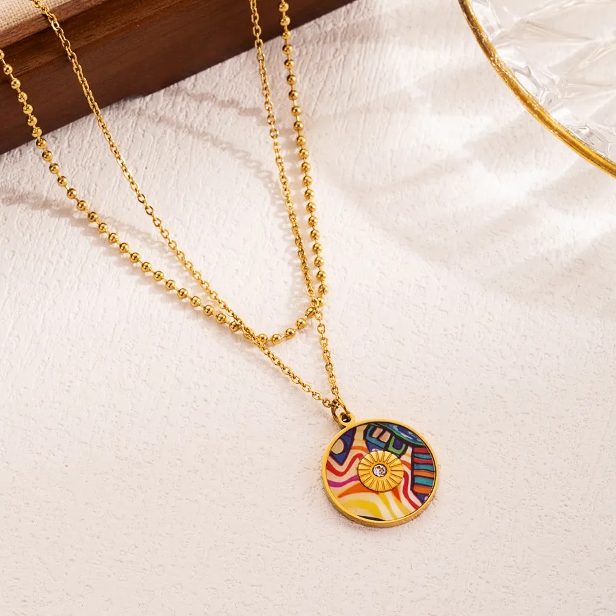 INS Style Artistic Heart Shape Flower Butterfly Stainless Steel Enamel Plating 18K Gold Plated Layered Necklaces_colorza_5