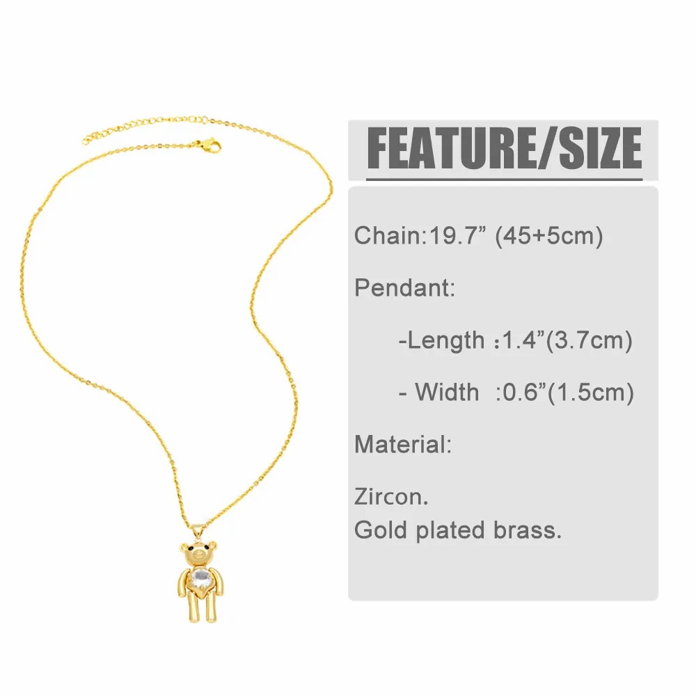 Cute Little Bear Stainless Steel Copper Inlay Zircon 18K Gold Plated Pendant Necklace_colorza_1